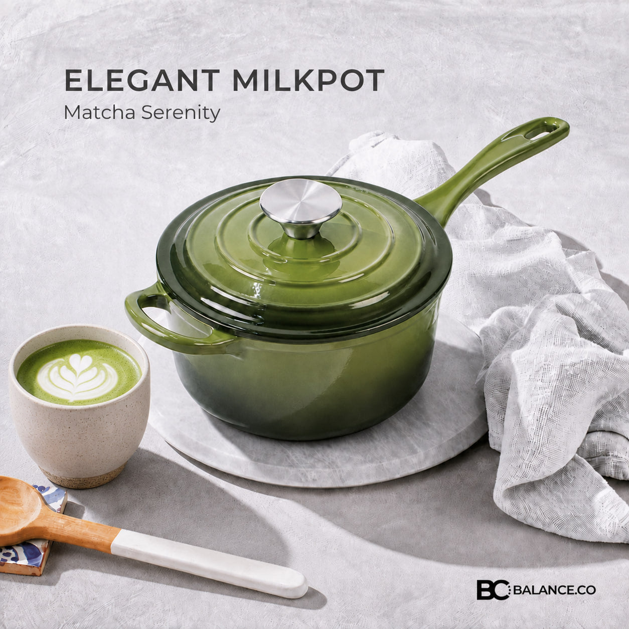 Balance.co 19cm Matcha Enamelled Cast Iron Milk Pot 1.9L | Saucepan | Induction Safe